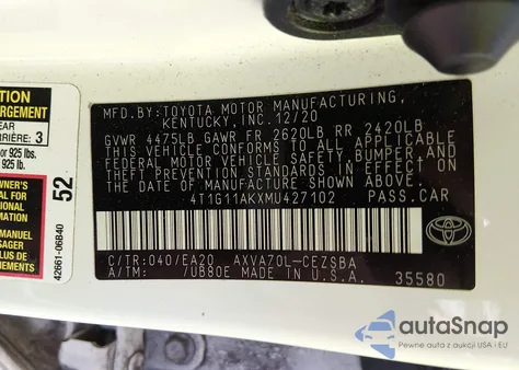 2021 Toyota Camry Se from USA, damaged, VIN 4T1G11AKXMU427102